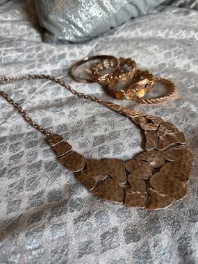 Park Lane Gold-Tone Hammered Statement Bib Necklace and Matching Bangles
